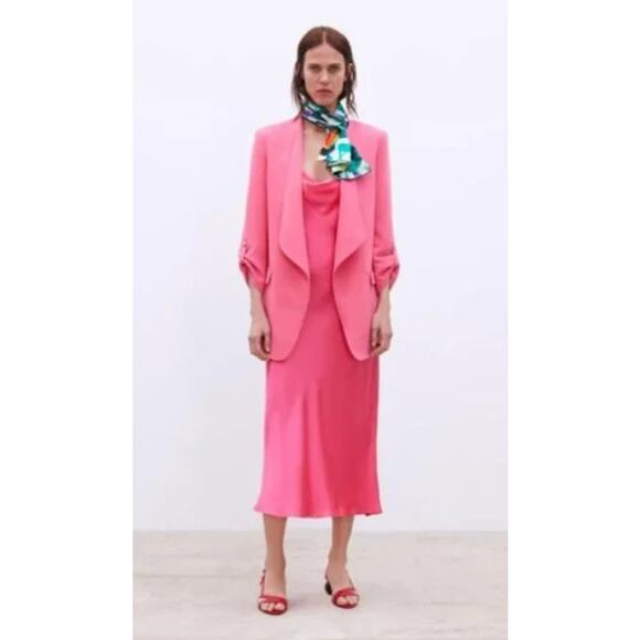 Zara Open Front Blazer Small Pink Rolled 3/4 Sleeves Oversized Cascade Neck - Picture 13 of 13